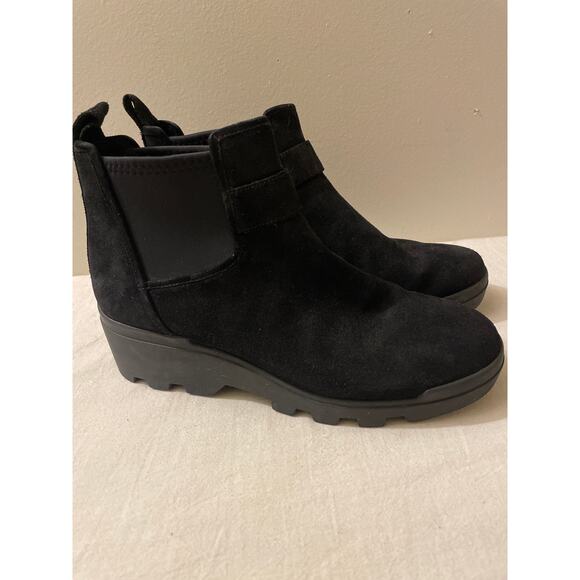 Eileen Fisher Adele Bootie 9 Black Suede Slip On Ankle Boots Chunky Heel Chelsea - Picture 1 of 8